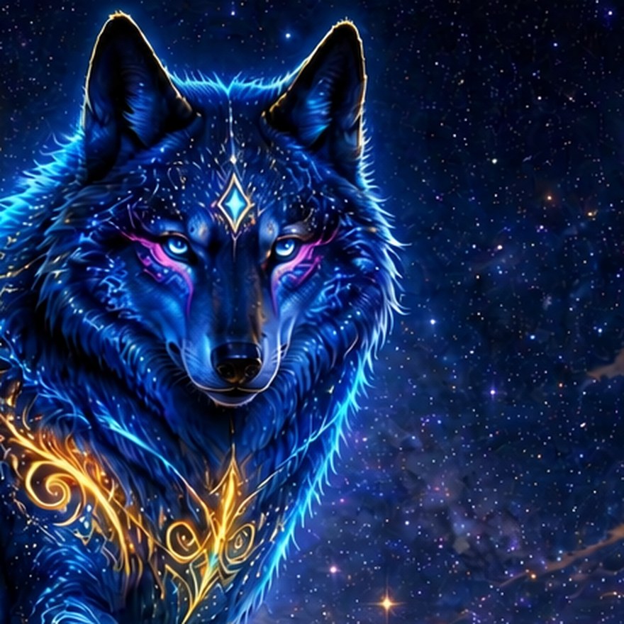 Wolfie, a glowing blue wolf with gold markings, under the stars