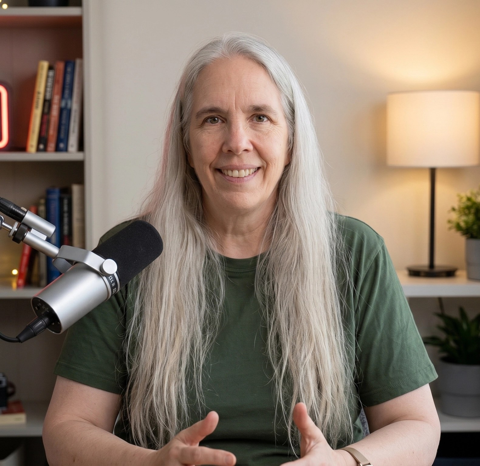 Isabeau 'Izzy' Haworth, founder of WolfieChat, smiling in her podcast studio