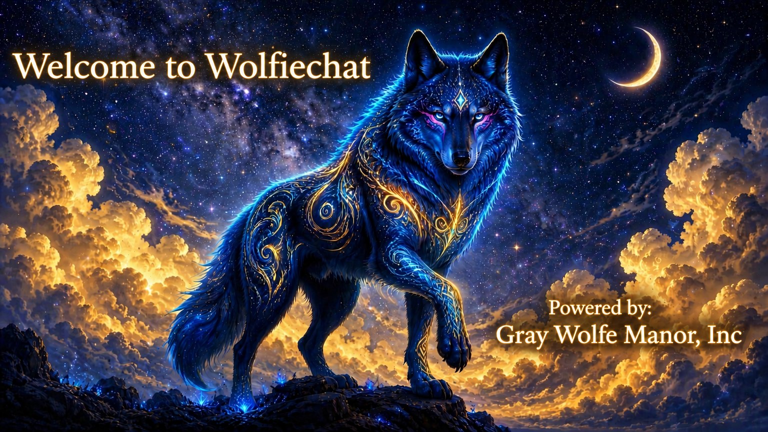 Welcome to WolfieChat — Wolfie, a glowing blue wolf, under a starry night sky. Powered by Gray Wolfe Manor, Inc.